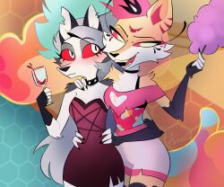  4_arms 6:5 akrost alcohol anthro arm_tuft artist_name bare_shoulders belly beverage black_bra black_clothing black_underwear blue_hair blush bottomwear bra breasts candy canid canid_demon canine choker cleavage cleavage_cutout clothed clothing collar container cotton_candy crop_top cup cutout demon dessert detailed_background dress drinking_glass duo ear_piercing eye_contact eyelashes female food fox fur glass glass_container glass_cup gloves_(marking) goo_hair goo_tail grey_body grey_fur grey_hair hair hand_on_shoulder hands_on_another's_waist hands_on_waist hellaverse hellhound helluva_boss hi_res holding_candy holding_container holding_cotton_candy holding_cup holding_drinking_glass holding_food holding_object holding_waist holding_wine_glass jewelry long_eyelashes long_hair looking_at_another loona_(helluva_boss) mammal markings multi_arm multi_limb multicolored_belly multicolored_hair mythological_canine mythological_creature mythology necklace notched_ear open_mouth open_smile piercing pink_bottomwear pink_clothing pink_crop_top pink_eyes pink_hair pink_shirt pink_shorts pink_topwear pseudo_hair pupils queen_bee-lzebub_(helluva_boss) red_clothing red_dress red_sclera shirt shorts shoulder_tuft slit_pupils small_waist smile spiked_collar spikes strapless_clothing strapless_dress striped_ears teeth text topwear tuft underwear white_body white_eyes white_fur wide_hips wine wine_glass yellow_body yellow_fur yellow_sclera 