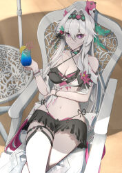  absurdres black_hairband breasts chair cleavage commentary_request cup female fuji4o hair_intakes hairband highres holding holding_cup honkai_(series) honkai_impact_3rd large_breasts long_hair looking_at_viewer navel official_alternate_costume on_chair purple_eyes solo stomach thelema_nutriscu thelema_nutriscu_(roseate_summer) thighs tropical_drink very_long_hair white_hair 