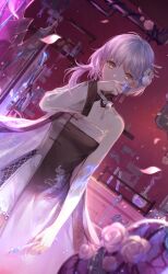  artist_request beaker bell black_collar black_dress blood blood_on_arm blood_on_clothes blood_on_hands blood_on_knife blue_blood bow bow_choker cable chinese_clothes choker collar collarbone covered_mouth cowboy_shot detached_collar dot_nose dragon_print dress dutch_angle earrings eyelashes female flower flower_knot frilled_dress frills game_cg glass_shards gourd green_bow green_choker grey_hair grey_ribbon hair_ornament hairbow highres holding holding_scalpel indoors industrial_pipe jacket jacket_partially_removed jewelry knife laboratory light_particles long_sleeves looking_at_viewer mandarin_collar marking_on_cheek medium_dress neck_bell neck_tassel nikki_(series) official_art petals pink_flower pink_rose pom_pom_(clothes) pom_pom_hair_ornament ribbon_earrings rose rose_petals scalpel see-through_clothes see-through_sleeves shelf shining_nikki short_hair_with_long_locks single_bare_arm single_bare_shoulder single_sidelock solo spill standing straight-on strapless strapless_dress table tassel tassel_earrings two-tone_dress white_dress white_jacket wide_sleeves wiping_face yellow_eyes yexiao_(shining_nikki) 