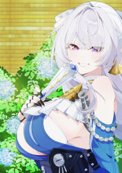  absurdres ascot bare_shoulders black_gloves blue_dress blue_flower breasts bush clothing_cutout commentary_request dress earrings female flower folded_fan folding_fan from_side gloves grey_hair grin hair_over_one_eye hand_fan hand_up highres hiragi_okitan19 holding holding_fan jewelry large_breasts long_hair looking_at_viewer pointy_ears purple_eyes shoulder_cutout sideboob smile solo upper_body velina_airgid yellow_ascot zenless_zone_zero 