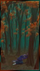  2026 absurd_res anthro artist_name beenz blue_bottomwear blue_clothing blue_jeans blue_pants bodily_fluids bottomwear closed_eyes clothing crying dark_nails demiboy_(lore) denim denim_bottomwear denim_clothing detailed_background digital_media_(artwork) digital_painting_(artwork) facing_down flower fog foggy_background footwear forest forest_background gecko hand_on_tree hi_res hoodie jeans kneeling kneeling_on_ground leaf lizard male moody noise_filter orange_leaf painting_(artwork) pants pink_clothing pink_footwear pink_shoes plant purple_body purple_clothing purple_hoodie purple_topwear reptile sad scalie seb_(beenz) shoes smaller_version_at_source solo tears text topwear trans_(lore) trans_man_(lore) tree vent_art 