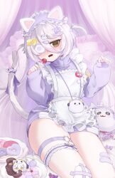  7_mochi_mochi_7 @_@ absurdres animal_ears apron candy cat_tail cube eyepatch fake_animal_ears female food grey_hair hair_between_eyes hair_ornament henya_the_genius henya_the_genius_(jersey_maid) highres indie_virtual_youtuber jacket jersey jersey_maid lollipop long_hair looking_at_viewer maid open_mouth purple_jacket solo tail thick_thighs thigh_strap thighs unconventional_maid virtual_youtuber x_hair_ornament yellow_eyes 