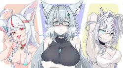  3girls absurdres ahoge animal_ear_fluff animal_ears aqua_bikini aqua_eyes aqua_hair armpits aroused bare_shoulders bell bikini black_choker black_dress blue_eyes blush breasts cat_girl choker cleavage closed_mouth collar collarbone commentary_request diamond_hair_ornament dress fox_ears glasses green_eyes green_hair_ornament grey_choker grey_eyes grey_hair hair_between_eyes hair_ornament heavy_breathing heterochromia highres jewelry large_breasts long_hair looking_at_viewer medium_breasts multicolored_hair multiple_girls oerba_yun_fang open_mouth original pink_hair purple_eyes red_choker red_eyes red_hair simple_background smile streaked_hair string_bikini swimsuit tail tank_top teeth tongue tongue_out white_hair white_tank_top zerowind079 