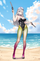  absurdres adapted_costume beach black_leotard black_shoes breasts choker closed_mouth commentary_request dual_wielding female grey_eyes grey_hair gun hat highres holding holding_gun holding_weapon jiuyuan_(nte) jiuyuan_(self-discipline_time)_(nte) large_breasts leotard long_hair looking_at_viewer navel neverness_to_everness official_alternate_costume outdoors pantyhose purple_choker purple_eyes sand shoes smile solo strapless strapless_leotard water weapon white_hat xiaoxi0619 yellow_pantyhose 