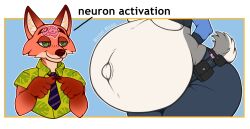 2026 absurd_res accessory anthro belly big_belly blue_background blue_bottomwear blue_clothing blue_necktie blue_pants border bottomwear breasts canid canine clothing digital_drawing_(artwork) digital_media_(artwork) disney duo english_text female fingers_together fox fur green_clothing green_eyes green_shirt green_topwear grey_body grey_fur hands_behind_back hi_res huge_belly hyper hyper_belly hyper_pregnancy inner_ear_fluff judy_hopps lagomorph leporid male mammal meme miriel_moon navel necktie neuron_activation nick_wilde orange_body orange_fur outie_navel pants police police_officer police_uniform pregnant pregnant_anthro pregnant_female rabbit shirt short_tail simple_background tail tan_body tan_fur tan_inner_ear tan_inner_ear_fluff text topwear tuft under_boob uniform white_body white_border white_fur zootopia 