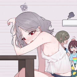  3girls air_conditioner blue_shorts blush breasts brown_hair chinese_commentary commentary_request ebizuka_tomo girls_band_cry grey_background grey_hair iseri_nina low_twintails multiple_girls open_mouth red_eyes rupa_(girls_band_cry) short_hair short_twintails shorts small_breasts sweat tank_top twintails white_tank_top yun_cao_bing 