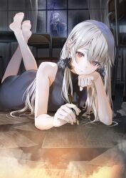  1boy 2girls absurdres bag bare_shoulders barefoot black_dress black_scrunchie chair commentary_request cover cover_page desk dress feet feet_up grey_hair hair_between_eyes hair_ornament hair_scrunchie hakuchuumu_no_aojashin hatano_rin head_on_hand head_rest highres holding holding_bag holding_pen holding_umbrella indoors long_hair looking_at_viewer lying multiple_girls novel_cover official_art on_stomach parted_lips pen rain red_eyes school_chair school_desk school_uniform scrunchie serafuku shimofuri sleeveless sleeveless_dress solo_focus toes umbrella window yonagi_(hakuchuumu_no_aojashin) 