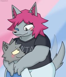  anthro blush canid canine canis clothed clothing digital_media_(artwork) domestic_cat duo exoworo felid feline felis female fur gix_busok hair happy hi_res hug hugging_another looking_at_another looking_at_partner looking_back male male/female mammal mau_makan_apa overweight overweight_anthro overweight_female romantic romantic_couple simple_background slightly_chubby smile tail tail_motion text tunrix_canrio wolf 