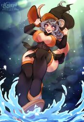  animal_ears black_dress black_thighhighs boo_the_rat breasts buck_teeth cleavage cleavage_cutout clothing_cutout colored_tongue curvy detached_sleeves dress ears_through_headwear eyeshadow female grey_hair hat highres indie_virtual_youtuber large_breasts long_hair looking_at_viewer makeup mouse_ears mouse_girl mouse_tail open_mouth orange_shoes pink_eyes purple_eyeshadow purple_tongue qloomi shoes solo tail teeth thighhighs thighs virtual_youtuber water wide_hips witch_hat 