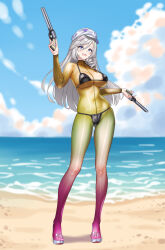  absurdres adapted_costume beach bikini black_bikini bodysuit breasts choker closed_mouth commentary_request dual_wielding female grey_eyes grey_hair gun hat highres holding holding_gun holding_weapon jiuyuan_(nte) jiuyuan_(self-discipline_time)_(nte) large_breasts long_hair looking_at_viewer navel neverness_to_everness official_alternate_costume open_mouth outdoors purple_eyes sand shirt shorts smile solo swimsuit water weapon white_hat xiaoxi0619 yellow_bodysuit 