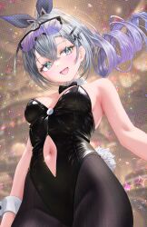  bare_shoulders black_leotard black_pantyhose bow bowtie breasts clothing_cutout commentary_request cowboy_shot detached_collar fake_tail female goggles goggles_on_head gradient_hair grey_eyes grey_hair hair_ribbon highleg highleg_leotard highres honkai:_star_rail honkai_(series) leotard long_hair looking_at_viewer medium_breasts multicolored_hair nanaki24 navel navel_cutout nontraditional_playboy_bunny open_mouth pantyhose ponytail purple_hair rabbit_tail revision ribbon silver_wolf_(honkai:_star_rail) smile solo strapless strapless_leotard tail wrist_cuffs 