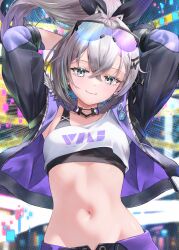 armpit_peek arms_behind_head arms_up black_jacket black_shirt choker closed_mouth commentary crop_top cropped_jacket female goggles goggles_on_head grey_eyes grey_hair hair_between_eyes hair_ribbon high_ponytail highres honkai:_star_rail honkai_(series) jacket long_hair long_sleeves looking_at_viewer midriff multicolored_jacket nanaki24 navel open_clothes open_jacket ponytail purple_jacket revision ribbon shirt silver_wolf_(honkai:_star_rail) single_sleeve sleeveless sleeveless_shirt smile solo stomach two-tone_jacket undershirt upper_body white_shirt 