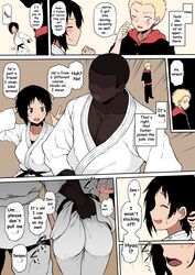  1girls 2boys ass_grab blonde_hair dark-skinned_male english_text faceless_male hard_translated highres hiroki_(terasu_mc) interracial kokujin_no_tenkousei_ni_ane_o_ntr-ru netorare queen_of_spades shiina_ayumu_(terasu_mc) short_hair smorgborg terasu_mc tomboy translated 