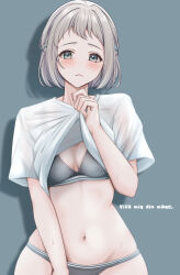  absurdres blue_eyes blue_ribbon blush bra braid breasts clothes_lift commentary_request drop_shadow female gakuen_idolmaster grey_bra grey_hair grey_panties groin hair_ribbon half_up_braid highres idolmaster katsuragi_lilja lifting_own_clothes looking_at_viewer navel no_pants panties ribbon ribbon_in_braid shirt shirt_lift short_hair short_sleeves simple_background skindentation solo stomach sweat swedish_text t-shirt translated underwear white_shirt yuzuyu_(hyui) 