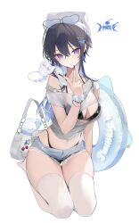  alternate_costume bag barbell_piercing beanie bikini bikini_bottom_under_shorts bikini_top_under_shirt bikini_under_clothes black_bikini black_hair black_nails blue_hair blue_streaks bracelet breasts cellphone cleavage colored_inner_hair commentary denim denim_shorts ear_piercing eyewear_on_head female flip_phone grey_hair hair_between_eyes hair_ornament hair_over_shoulder hairclip halterneck handbag hat heart heart-shaped_eyewear heart_hair_ornament highleg highleg_bikini highres ichinose_uruha industrial_piercing innertube jewelry large_breasts long_hair looking_at_viewer midriff momochi_tamalu multicolored_hair nail_polish navel phone piercing purple_eyes scrunchie see-through_clothes see-through_shirt seiza shirt short_shorts shorts simple_background single_off_shoulder sitting solo spaghetti_strap spiked_ear_piercing streaked_hair swim_ring swimsuit thighhighs v virtual_youtuber vspo! white_background white_thighhighs wolf_cut 