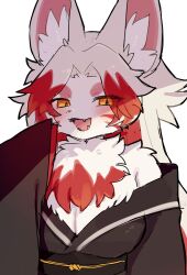  anthro asian_clothing bare_shoulders big_ears black_clothing black_kimono blush blush_lines breasts canid canine cheek_markings chest_tuft circle_eyebrows cleavage clothed clothing colored cute_fangs digital_media_(artwork) east_asian_clothing eyebrows eyelashes facial_markings fangs female female_anthro fluffy fox front_view fur hair half-length_portrait head_markings hi_res inner_ear_fluff japanese_clothing kemono kimono long_hair looking_at_viewer mammal markings medium_breasts multicolored_body multicolored_fur multicolored_hair obi obijime open_mouth open_smile pink_inner_ear portrait pupils red_body red_fur red_hair red_markings shaded simple_background smile solo spommmm teeth tuft two_tone_body two_tone_fur two_tone_hair white_background white_body white_ears white_fur white_hair white_inner_ear_fluff yellow_eyes 