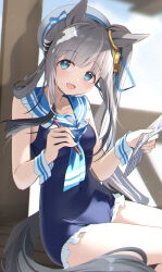  alternate_costume animal_ears beret betting_ticket blue_eyes blue_neckerchief blue_one-piece_swimsuit blue_sailor_collar blunt_bangs blush breasts casual_one-piece_swimsuit chrono_genesis_(umamusume) collarbone commentary_request covered_navel female frilled_one-piece_swimsuit frills grey_hair hair_between_eyes hair_ornament hat highres holding holding_pencil horse_ears horse_girl horse_tail long_hair looking_at_viewer medium_breasts meyamu neckerchief one-piece_swimsuit open_mouth pencil sailor_collar side_ponytail smile solo swimsuit tail umamusume 