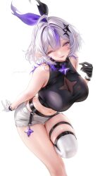  absurdres ahoge asymmetrical_gloves black_gloves breasts character_request commission copyright_request female gloves grey_hair hair_intakes hair_ornament highres lyusiola midriff mismatched_gloves multicolored_hair navel one_eye_closed purple_eyes purple_hair purple_streaks see-through_cleavage see-through_clothes short_shorts shorts signature solo stomach streaked_hair thighhighs white_gloves white_shorts white_thighhighs 