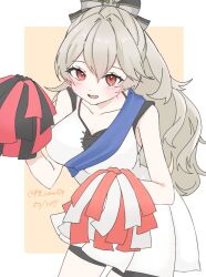  armpits bare_arms black_unitard blue_sash blush border breasts cheerleader cleavage collarbone female female_corrin_(cheer_power)_(fire_emblem) female_corrin_(fire_emblem) fire_emblem fire_emblem_fates fire_emblem_heroes grey_hair hair_between_eyes hand_up highres holding holding_pom_poms large_breasts long_hair official_alternate_costume official_alternate_hairstyle open_mouth orange_background pom_pom_(cheerleading) ponytail red_eyes sash sayaka_(fe_uma274) shirt simple_background skirt sleeveless sleeveless_shirt smile white_border white_shirt white_skirt 