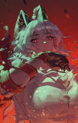  artist_name black_gloves black_horns breasts cleavage closed_mouth commentary_request curled_horns earrings female gloves grey_hair hand_up highres horns jewelry key_earrings large_breasts long_hair looking_at_viewer mole mole_under_eye necktie necktie_around_wrists neid_art red_background red_eyes red_necktie shirt solo torn_clothes torn_shirt upper_body white_shirt wuthering_waves zani_(wuthering_waves) 