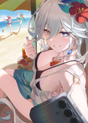  3girls absurdres beach beach_umbrella bikini black_bikini blue_nails blue_sarong bottle breasts cleavage commentary day earrings english_commentary foreshortening fu_xuan_(honkai:_star_rail) grey_hair hair_between_eyes highres honkai:_star_rail honkai_(series) jewelry large_breasts lifebuoy light_smile long_hair looking_at_viewer multicolored_eyes multiple_girls necklace ocean outdoors parted_lips pink_hair qingque_(honkai:_star_rail) sand sarong shell shell_necklace sirina swim_ring swimsuit tassel tassel_earrings twintails umbrella white_hair yao_guang_(honkai:_star_rail) 