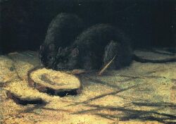  1884 19th_century ambiguous_gender ancient_art bread bread_slice dark duo eating eating_food english_description feral food fur grey_body grey_fur mammal murid murine oil_painting_(artwork) painting_(artwork) rat rodent standing stone_floor tail traditional_media_(artwork) traditional_painting_(artwork) vincent_van_gogh whiskers 