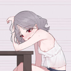  blue_shorts blush breasts chinese_commentary commentary_request ebizuka_tomo female girls_band_cry grey_background grey_hair open_mouth red_eyes short_hair shorts small_breasts solo sweat tank_top white_tank_top yun_cao_bing 