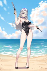  absurdres adapted_costume beach black_leotard black_shoes breasts choker closed_mouth commentary_request dual_wielding female grey_eyes grey_hair gun hat highres holding holding_gun holding_weapon jiuyuan_(nte) jiuyuan_(self-discipline_time)_(nte) large_breasts leotard long_hair looking_at_viewer navel neverness_to_everness official_alternate_costume outdoors purple_choker purple_eyes sand shoes smile solo strapless strapless_leotard water weapon white_hat xiaoxi0619 