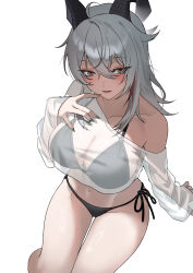  ahoge alternate_costume bikini black_bikini black_horns black_nails blush breasts closed_mouth commentary commission curled_horns female fingernails grey_hair hair_between_eyes highres horns jima_(juki_o3o) large_breasts long_fingernails long_hair looking_at_viewer multicolored_hair nail_polish navel red_eyes see-through_clothes see-through_shirt shirt simple_background single_off_shoulder solo stomach streaked_hair swimsuit thighs white_background white_shirt wuthering_waves zani_(wuthering_waves) 