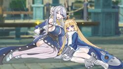  2girls ahoge ascot bare_shoulders black_gloves blonde_hair blue_dress blue_jacket blurry blurry_background breasts clothing_cutout commentary dress earrings game_screenshot_background gimnang gloves grey_hair jacket jewelry large_breasts long_hair looking_at_viewer mole mole_under_mouth multiple_girls norma_hollowell open_mouth pointy_ears purple_eyes screenshot_background shoes shoulder_cutout sitting thighhighs velina_airgid very_long_hair white_gloves white_shoes white_thighhighs yellow_ascot zenless_zone_zero 