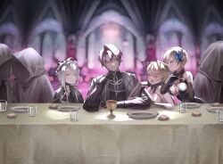  1boy 3girls 3others :d absurdres black_dress blonde_hair blue_eyes breasts butterfly_hair_ornament chalice cleavage commentary cup dress english_commentary epic_seven expressionless grey_hair grin hair_ornament highres kayron_(epic_seven) large_breasts long_hair looking_at_viewer luciella_(epic_seven) multiple_girls multiple_others open_mouth pink_eyes purple_eyes purple_hair rhianna_(epic_seven) salome_(epic_seven) siblings sideboob sisters smile table tinkst 