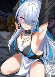  absurdres ainemswork armpits arms_up black_shirt blue_gem blush breasts closed_mouth commentary english_commentary female gem grey_hair hair_over_one_eye highres jewelry kneeling large_breasts long_hair looking_at_viewer mole mole_on_breast necklace official_alternate_costume purple_eyes shirt smile solo sweat velina_airgid velina_airgid_(shade_of_leisure) zenless_zone_zero 