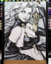  2023 abstract_background art_tools_in_frame black_bra black_bridal_gauntlets black_cape blank_eyes bra breasts bridal_gauntlets cape commentary curtained_hair earrings english_commentary facing_viewer female highres holding holding_sword holding_weapon jewelry lady_death lady_death_(character) large_breasts marker_(medium) midriff parted_lips photo_(medium) signature skull skull_earrings solo stanley_lau sword traditional_media underwear upper_body weapon white_eyes white_hair 