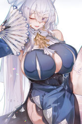  :q absurdres blue_dress bow breasts cleavage commentary dress eyes_visible_through_hair female grey_background grey_hair hair_over_one_eye hairbow hand_fan highres holding holding_fan huge_breasts long_hair looking_at_viewer open_mouth ponytail purple_eyes solo thighs tongue tongue_out ura_illust velina_airgid white_bow zenless_zone_zero 