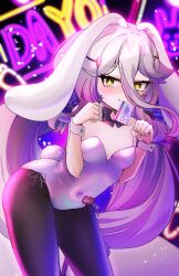  7_mochi_mochi_7 animal_ears breasts carrot_hair_ornament cube female food-themed_hair_ornament gradient_hair grey_hair hair_between_eyes hair_ornament henya_the_genius henya_the_genius_(bunniversary) highres leotard long_bangs long_hair lop_rabbit_ears multicolored_hair pantyhose playboy_bunny purple_hair purple_leotard rabbit_ears rabbit_girl small_breasts solo sparkling_eyes very_long_hair virtual_youtuber vshojo white_wrist_cuffs wrist_cuffs yellow_eyes 