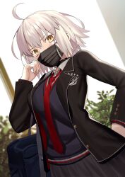  absurdres ahoge black_jacket blue_sweater blush breasts choker collared_shirt commentary_request fate/grand_order fate_(series) female grey_hair grey_skirt highres jacket jeanne_d'arc_alter_(fate) large_breasts long_sleeves looking_at_viewer mask mishiro_(ixtlolton) mouth_mask necktie pseudo-tokyo_school_uniform school_uniform shirt short_hair skirt solo sweater white_shirt yellow_eyes 