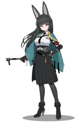 2026 accessory aliasing animal_humanoid badge belt big_breasts black_bottomwear black_clothing black_fingerless_gloves black_gloves black_hair black_handwear black_necktie black_skirt blush blush_lines bodily_fluids bottomwear braided_hair breasts canid canid_humanoid canine canine_humanoid clothing coat cockati digital_media_(artwork) eyelashes female fingerless_gloves footwear fox_humanoid full-length_portrait gloves hair hand_on_hip handwear hi_res high_heels holding_katana holding_melee_weapon holding_object holding_sword holding_weapon hoshimi_miyabi humanoid inner_ear_fluff katana long_ears long_hair long_skirt looking_at_viewer mammal mammal_humanoid melee_weapon mihoyo necktie pleated_skirt portrait prosthetic prosthetic_arm prosthetic_limb pupils red_eyes scabbard shirt shoes simple_background skirt solo standing sweat sword teal_clothing teal_coat teal_topwear thiren topwear tuft weapon white_background white_clothing white_pupils white_shirt white_topwear zenless_zone_zero 