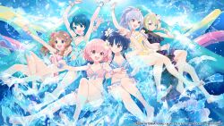  6+girls :d aizawa_kazuha arm_up assault_lily bangle bare_arms bare_legs bare_shoulders barefoot bikini bikini_skirt black_bikini black_hair blonde_hair blue_bikini blue_bow blue_eyes blue_hair blue_sky bow bow_bikini bracelet braid breasts brown_eyes brown_hair casual_one-piece_swimsuit cleavage closed_mouth clothing_cutout commentary_request crown_braid day floral_print flower frilled_bikini frilled_one-piece_swimsuit frills grey_eyes grey_hair hair_flower hair_ornament hairbow halterneck hand_on_own_head hand_up hibiscus high_ponytail highres hitotsuyanagi_riri holding_hands hosoi_mieko iijima_renka jewelry knee_up knees_together_feet_apart kon_kanaho locked_arms long_hair looking_ahead looking_at_another looking_at_viewer looking_to_the_side low_side_ponytail medium_breasts miyagawa_takane multi-strapped_bikini_top multiple_bras multiple_girls navel official_alternate_costume official_alternate_hairstyle official_art one-piece_swimsuit one_side_up open_mouth outdoors outstretched_arms pearl_bracelet pearl_hair_ornament pink_bikini pink_eyes pink_flower pink_hair ponytail print_bikini print_one-piece_swimsuit purple_eyes ring shirai_yuyu short_hair side-by-side side_ponytail sidelocks sky sliding smile splashing star_(symbol) star_hair_ornament stomach_cutout swimsuit water water_slide white_flower wrist_bow yellow_one-piece_swimsuit 