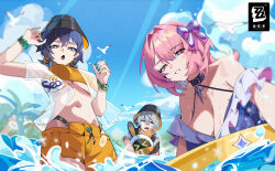  1boy 2girls absurdres asa_uri_sa bangboo_(zenless_zone_zero) belle_(summer_skies)_(zenless_zone_zero) belle_(zenless_zone_zero) bikini bikini_bottom_under_shorts bikini_under_clothes blue_hair blue_sky breasts brother_and_sister bucket_hat chinese_commentary cleavage cloud commentary_request copyright_logo crossed_bangs eous_(zenless_zone_zero) green_eyes grey_hair hair_between_eyes hair_intakes hat highres large_breasts logo looking_at_viewer medium_hair multiple_girls navel official_alternate_costume orange_bikini orange_shorts outdoors pink_hair purple_eyes remielle_dan see-through_clothes see-through_shirt shirt short_hair shorts siblings sky swimsuit water wise_(peaceful_waves)_(zenless_zone_zero) wise_(zenless_zone_zero) zenless_zone_zero 