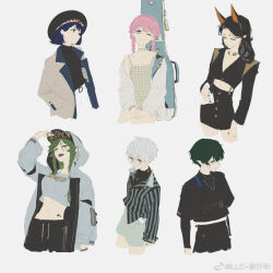  2boys 4girls adjusting_clothes adjusting_headwear alternate_costume andreana_(arknights) animal_ears arknights bag baseball_cap bishounen black_hair black_hat black_jacket black_pants black_shirt black_skirt blue_eyes blue_hair blue_poison_(arknights) body_markings braid braided_twintails breasts chinese_commentary choker cleavage closed_eyes clutch_purse coat collarbone commentary_request crocodile_girl cropped_jacket cropped_legs cropped_shirt dobermann_(arknights) dog_ears dog_girl dress earrings fashion faust_(arknights) frog_girl gavial_(arknights) green_hair grey_background grey_hair grid_print hairband handbag hat hood hood_up hooded_jacket hoop_earrings instrument_case jacket jewelry large_breasts llc long_hair material_growth mephisto_(arknights) midriff mole mole_under_eye multiple_boys multiple_girls navel necklace official_artist_extra one_eye_closed oripathy_lesion_(arknights) pants pink_hair pointy_ears round_eyewear shirt shirt_tucked_in short_eyebrows short_hair simple_background single_bare_shoulder single_off_shoulder skirt sleeveless sleeveless_dress small_breasts snake_boy striped_clothes striped_shirt trench_coat turtleneck turtleneck_shirt twin_braids vertical-striped_clothes vertical-striped_shirt watermark weibo_username weibo_watermark white_jacket white_pants yellow_eyes 