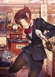  black_pantyhose brown_eyes brown_hair commentary_request female gloves grin kirenenko_(usavich) locomotive looking_at_viewer md5_mismatch original painttool_sai_(medium) pantyhose pencil_skirt short_hair skirt smile solo tablet_instrument_block_device temma_rin train train_attendant travel_attendant uniform usavich vania600 