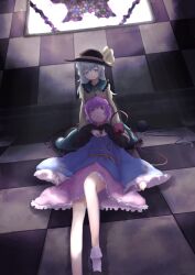  2girls checkered_floor chireiden commentary_request eyeball green_eyes grey_hair hat kokotetsu komeiji_koishi komeiji_satori long_hair lying multiple_girls on_back pink_eyes pink_hair short_hair siblings sisters skirt smile stained_glass third_eye touhou 