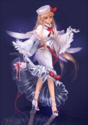  aged_up bag blonde_hair blue_eyes bow capelet commentary dress embellished_costume female gloves handbag hat hat_ribbon high_heels lily_white long_hair mixed-language_commentary reflection reflective_floor ribbon sash sheryth shoes solo touhou very_long_hair white_dress white_gloves 