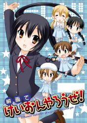  5girls akiyama_mio beret black_hair brown_eyes chibi commentary_request dress glasses hat hirasawa_yui k-on! k-on!_movie kotobuki_tsumugi long_hair multiple_girls nakano_azusa nekoma_kotomitsu sakuragaoka_high_school_uniform school_uniform singing!_(k-on!) tainaka_ritsu twintails 