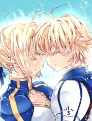  1boy ahoge armor arthur_pendragon_(fate) artoria_pendragon_(fate) blonde_hair closed_eyes commentary_request dual_persona fate/prototype fate/stay_night fate_(series) female genderswap_(ftm) hair_ribbon meimi_k photoshop_(medium) ribbon rule_63 saber_(fate) short_hair 