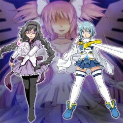  3girls akemi_homura akemi_homura_(magical_girl) black_hair black_pantyhose blue_eyes blue_hair braid cape choker commentary_request glasses hairband kaname_madoka long_hair magical_girl mahou_shoujo_madoka_magica mahou_shoujo_madoka_magica_(anime) miki_sayaka miki_sayaka_(magical_girl) multiple_girls pantyhose pink_hair purple_eyes red-framed_eyewear school_uniform short_hair skirt spoilers supon thighhighs twin_braids twintails two_side_up ultimate_madoka white_legwear wings zettai_ryouiki 