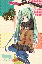  black_scarf commentary_request female green_eyes green_hair hand_on_own_chest hatsune_miku karasu_(crow1221) long_hair scarf sitting skirt smile solo thighhighs twintails very_long_hair vocaloid 