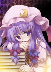  blush book bow commentary_request crescent female hair_ribbon hairbow highres izumi_yukiru long_hair patchouli_knowledge purple_eyes purple_hair ribbon solo touhou 