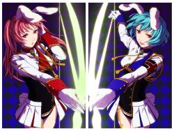  2girls animal_ears bad_id bad_pixiv_id blue_hair chiester410 chiester45 chiester_sisters commentary_request egawa_satsuki gloves highres multiple_girls open_mouth pink_hair rabbit_ears rabbit_tail red_eyes short_hair showgirl_skirt tail twintails umineko_no_naku_koro_ni 