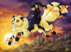  1boy 2004 armor bad_deviantart_id bad_id closed_eyes cloud devikuro evening fangs female fire flying fur holding inuyasha japanese_clothes kesa kirara_(inuyasha) miroku_(inuyasha) mountain multiple_riders multiple_tails ponytail red_eyes riding sango_(inuyasha) signature sky sun sunset tail twilight watermark 